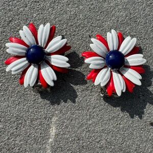 Vintage Red White & Blue Flower Clip On Earrings